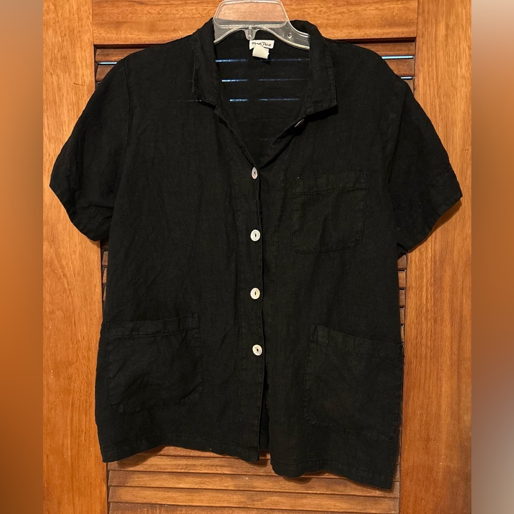 MATCH POINT 100% Linen Button Up Black Casual Blouse with 3 Front Pockets Size M
